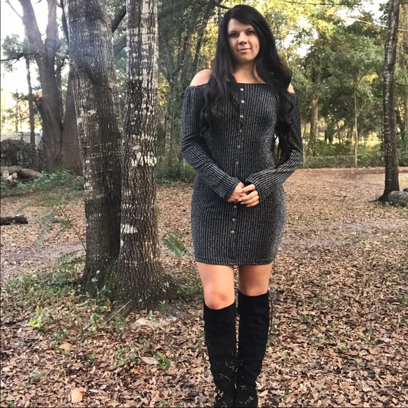 LAST1 Sparkle Black Glitter Off The Shoulder Dress - Picture 6 of 6